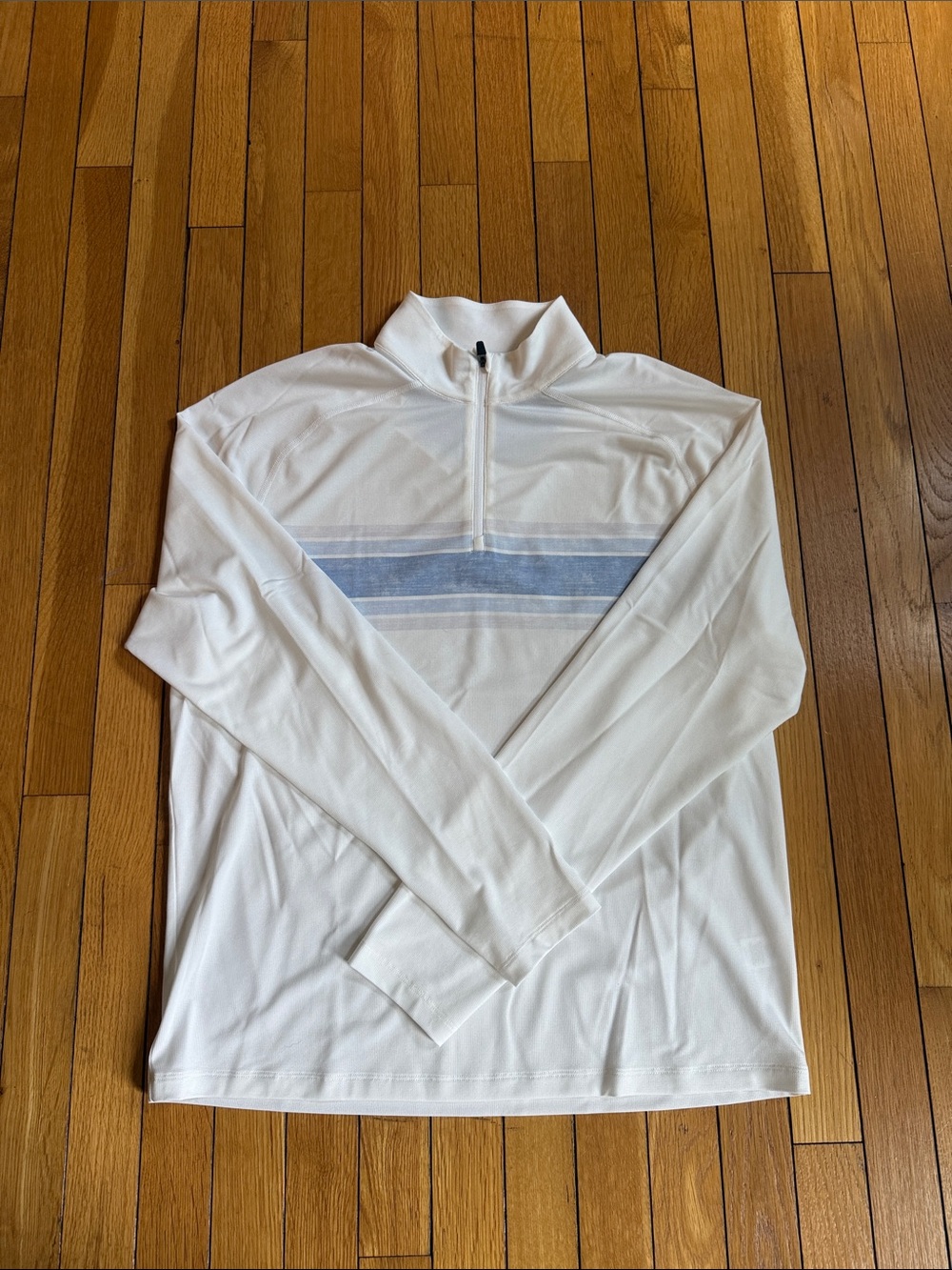 johnnie-O White Long Sleeve Half-Zip Polo with Light Blue Stripe
